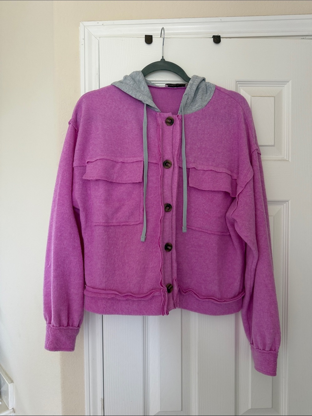 Zenana Outfitters Purple Hoodie-Style Bomber Jacket with Gray Hood